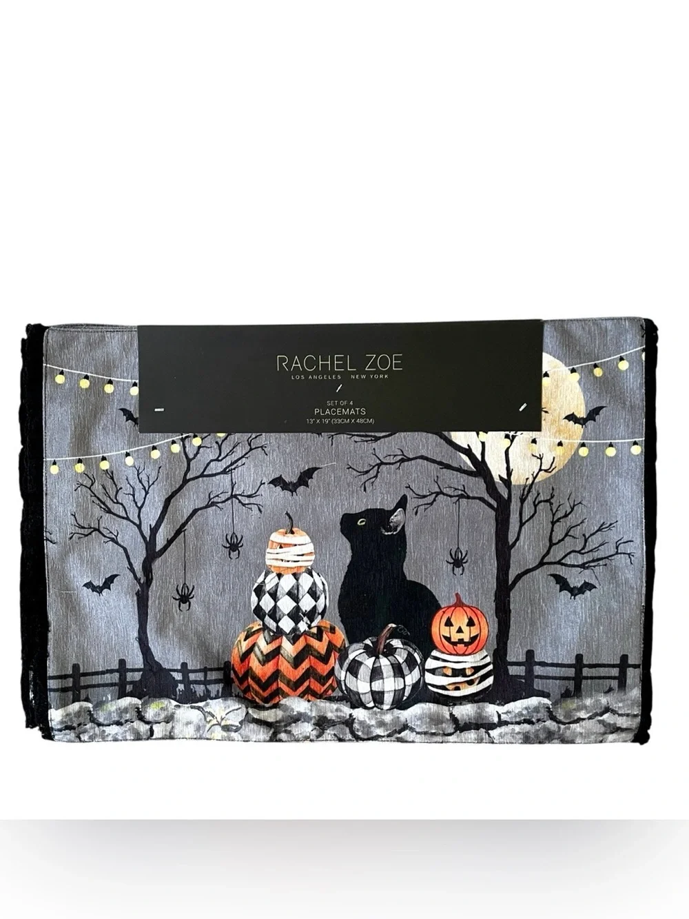 RACHEL ZOE Set/4 Mackenzie-Childs Inspired Cat & Pumpkin Halloween Placemats NEW